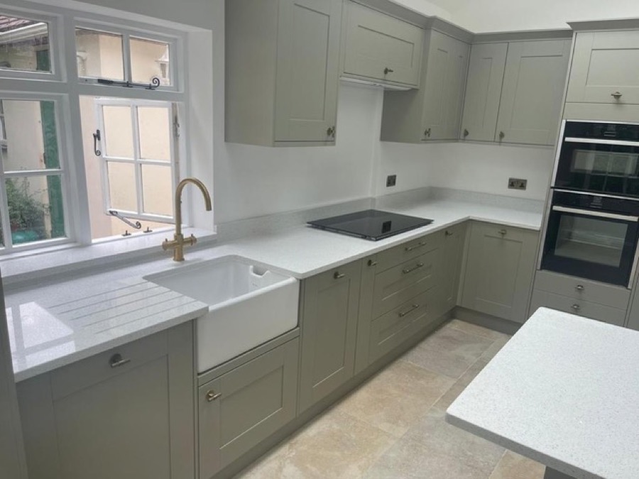 A finished sage green shaker kitchen in Malvern
